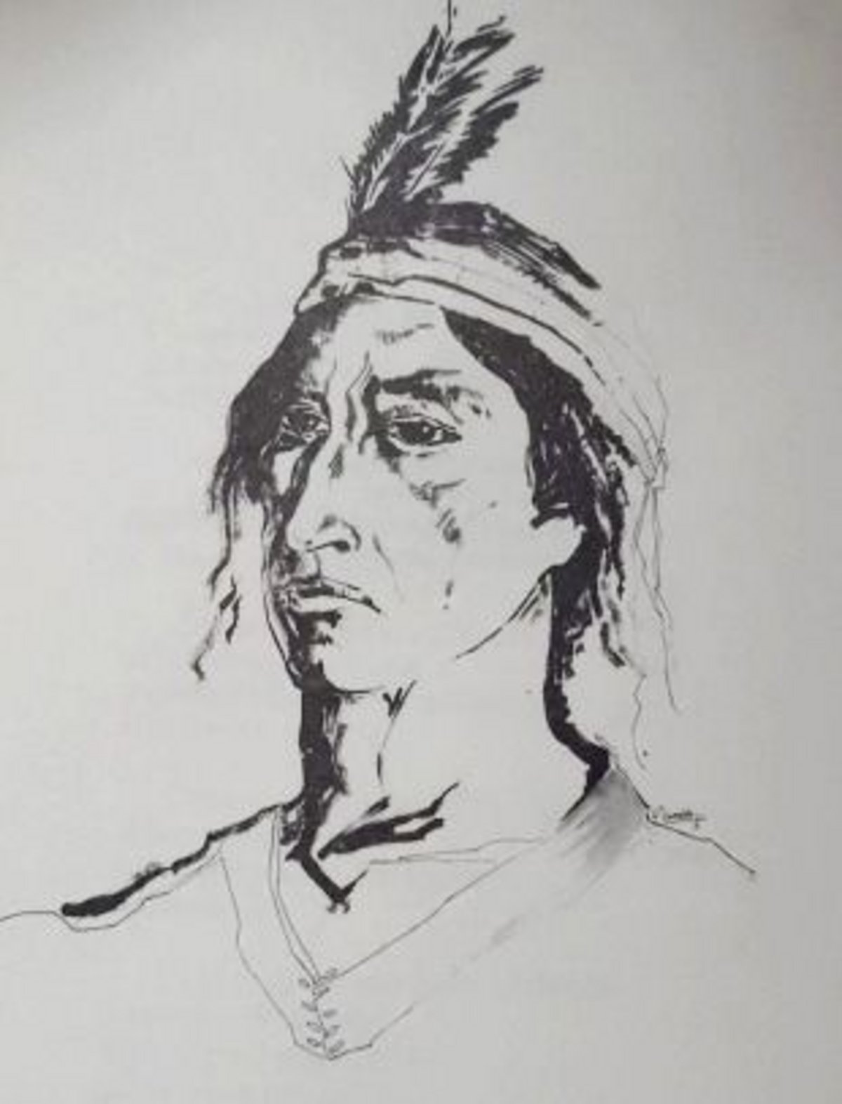Retrato ilustrado de referencia de Viltipoco, con un tocado de plumas